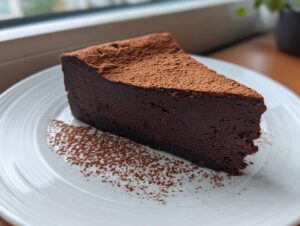 A decadent slice of flourless chocolate torte dusted heavily with cocoa powder, served on a white plate.