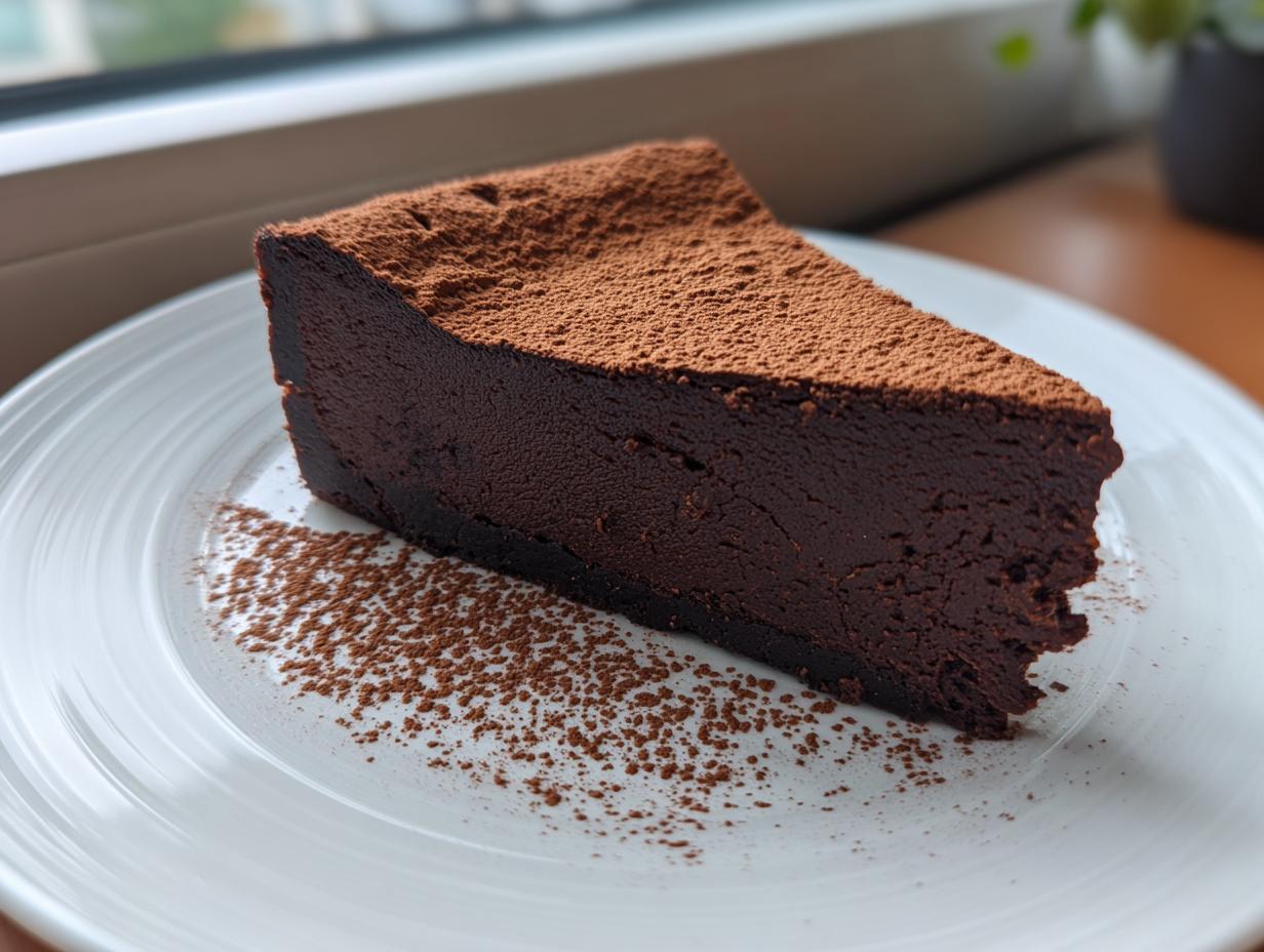 A decadent slice of flourless chocolate torte dusted heavily with cocoa powder, served on a white plate.