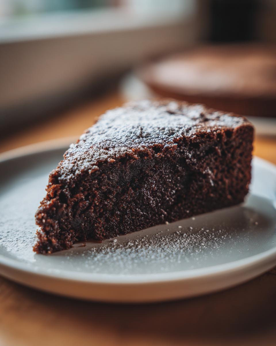 A close-up of a rich, dark slice of gingerbread cake dusted with powdered sugar on a light plate.