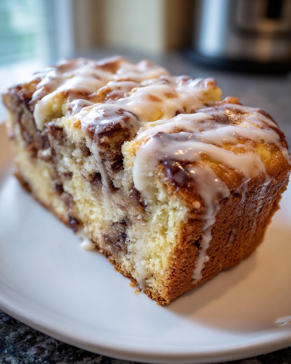 Close-up of a thick slice of moist apple bread with a cinnamon swirl and white icing drizzled on top.