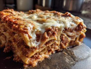 Close-up of a thick slice of homemade lasagna showing layers of pasta, rich meat sauce, and bubbly melted cheese topping.