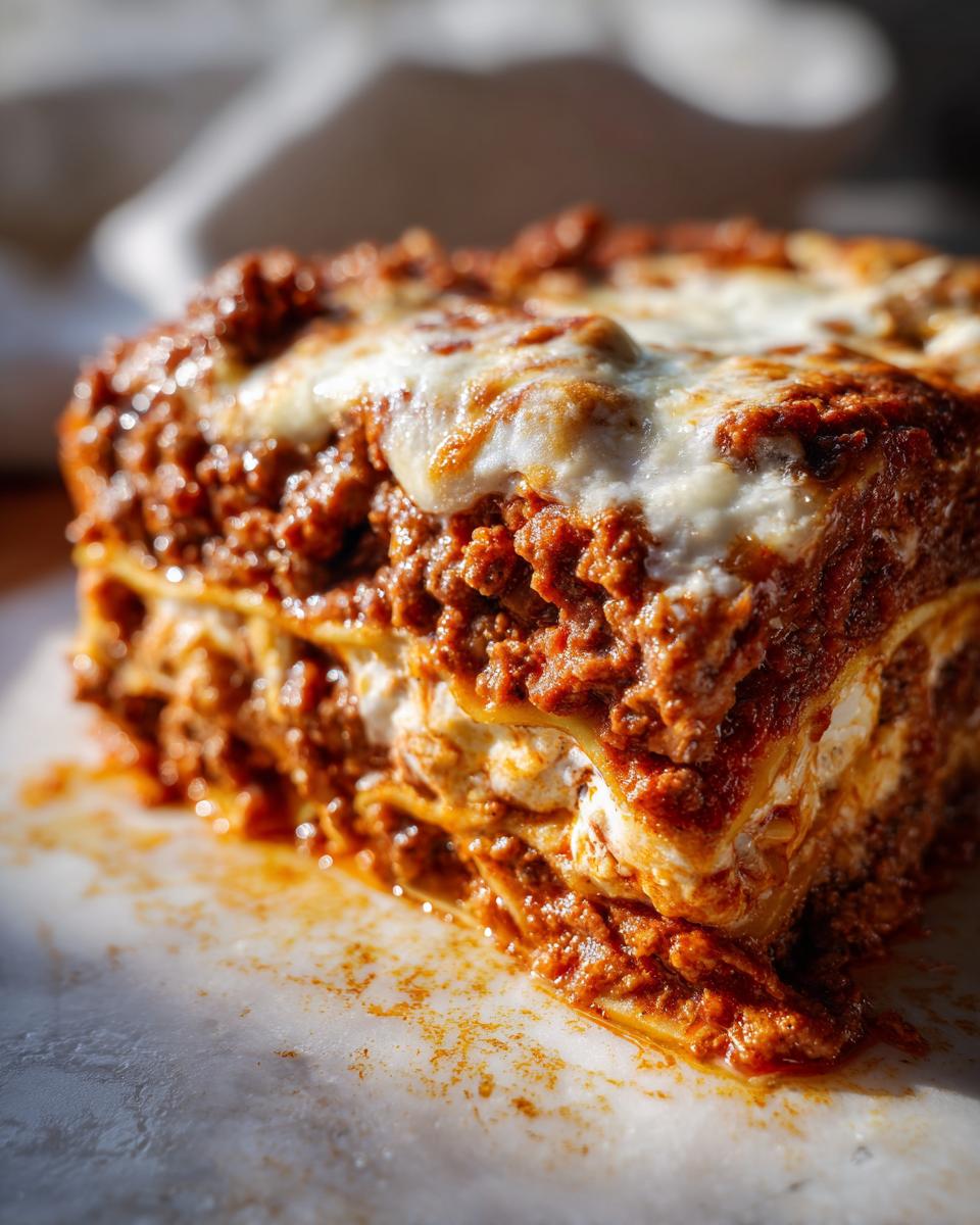 Close-up of a thick slice of homemade lasagna showing layers of meat sauce and melted mozzarella cheese.
