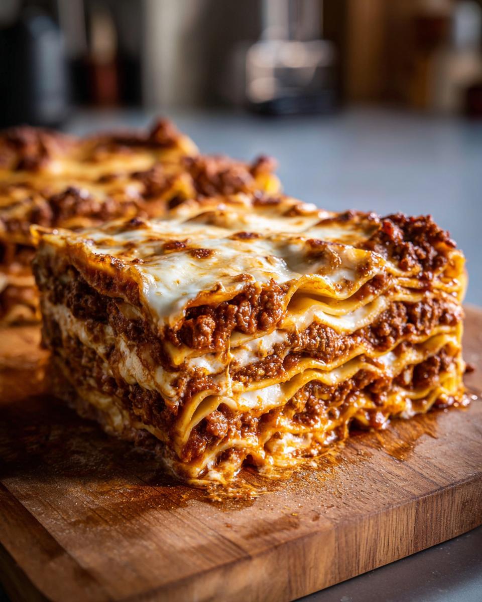 A thick, multi-layered slice of homemade lasagna featuring rich meat sauce and melted cheese.