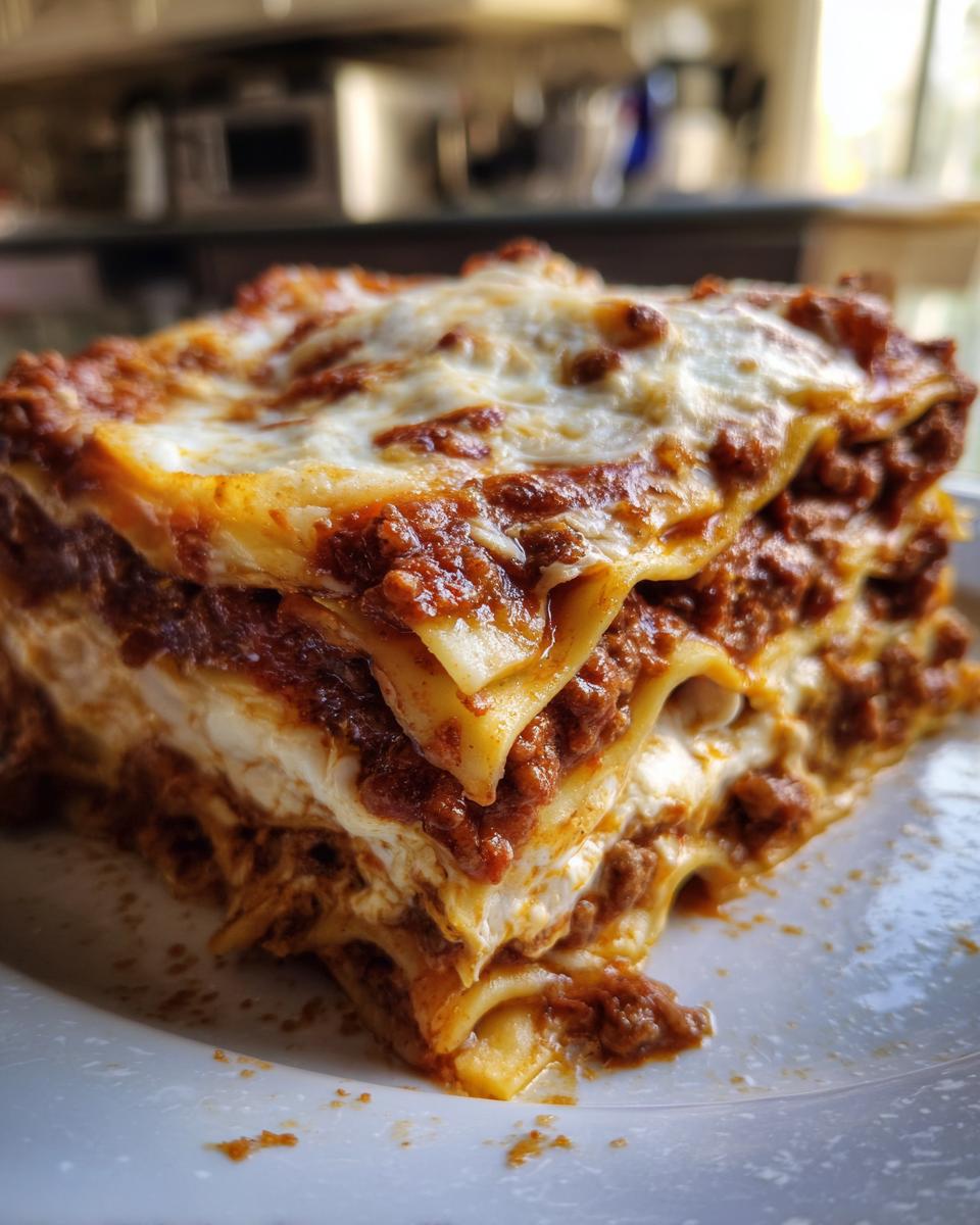 A thick, layered slice of homemade lasagna featuring rich meat sauce and melted cheese topping.