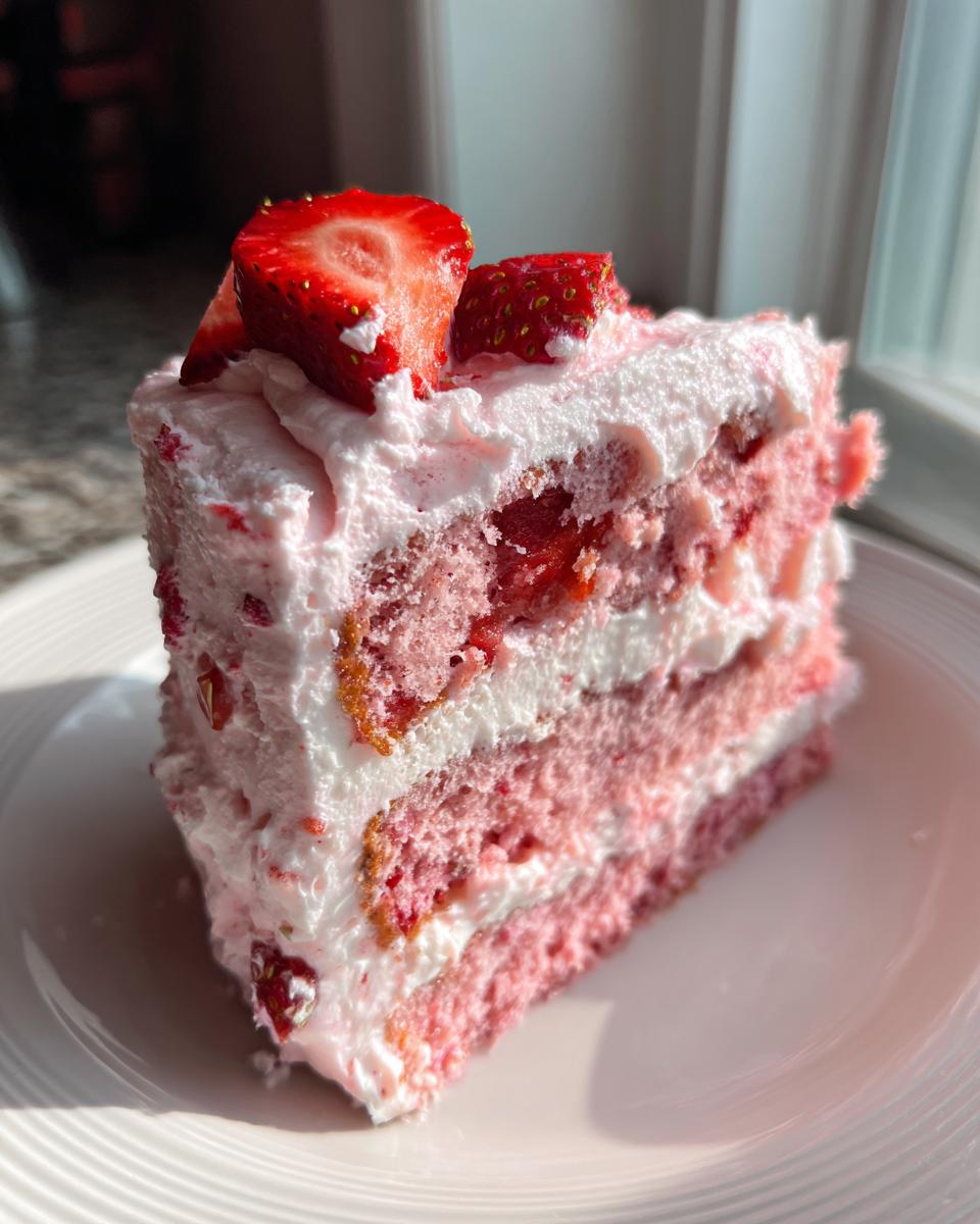Close-up of a moist slice of pink strawberry cake with white frosting layers and fresh strawberry pieces on top.