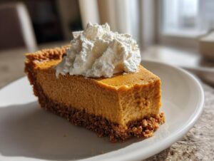 A thick slice of no bake pumpkin pie with a graham cracker crust, topped with a dollop of whipped cream.