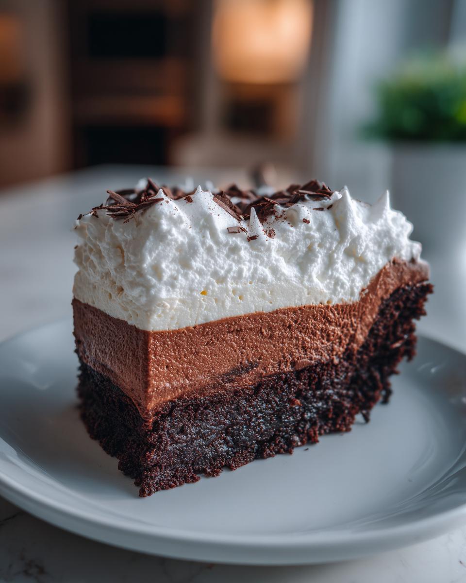 A decadent slice of 4 layer mud pie featuring a dark chocolate base, mousse layer, and topped with whipped cream and shavings.