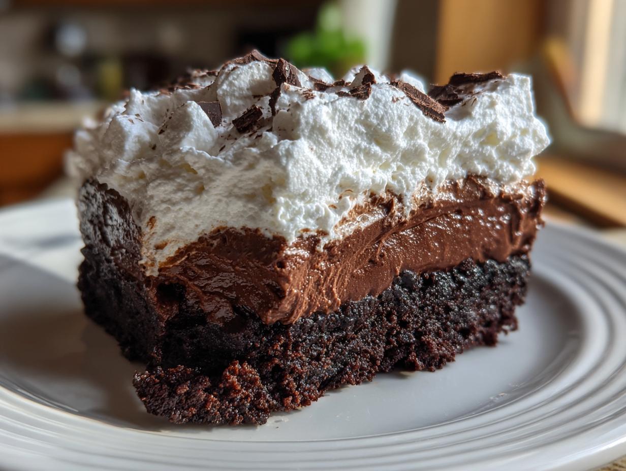 A close-up of a decadent slice of 4 layer mud pie showing chocolate cake, mousse, whipped cream, and shavings.