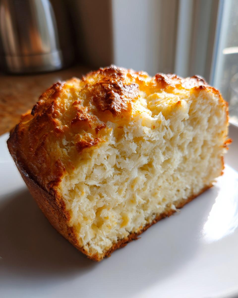Close-up of a thick slice of fluffy beer bread showing its light interior and golden-brown, craggy top crust.
