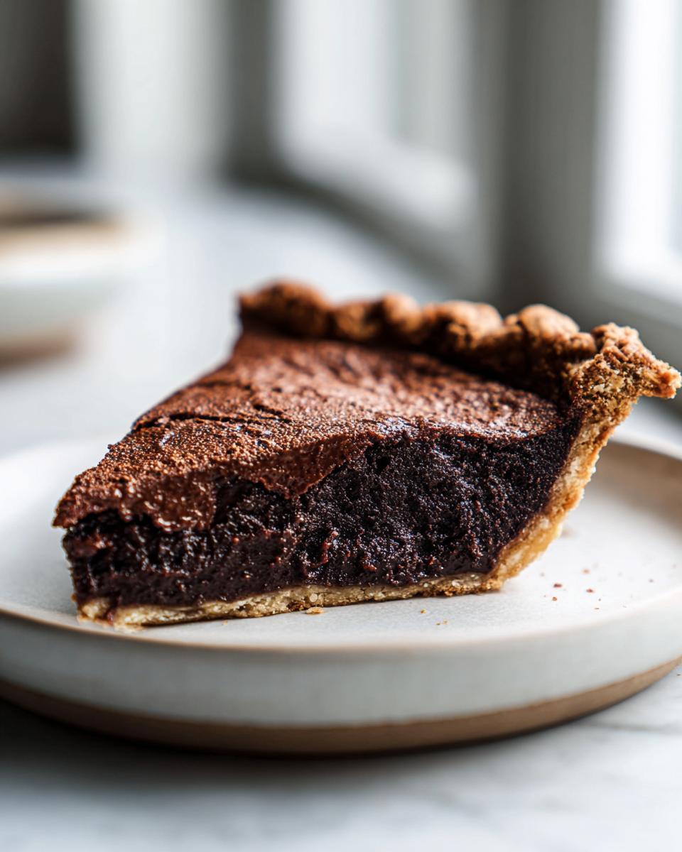 A close-up, dramatic shot of a thick slice of dark chocolate fudge pie with a flaky crust.