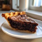 A close-up of a decadent slice of fudge pie with a flaky crust, served on a white plate near a window.