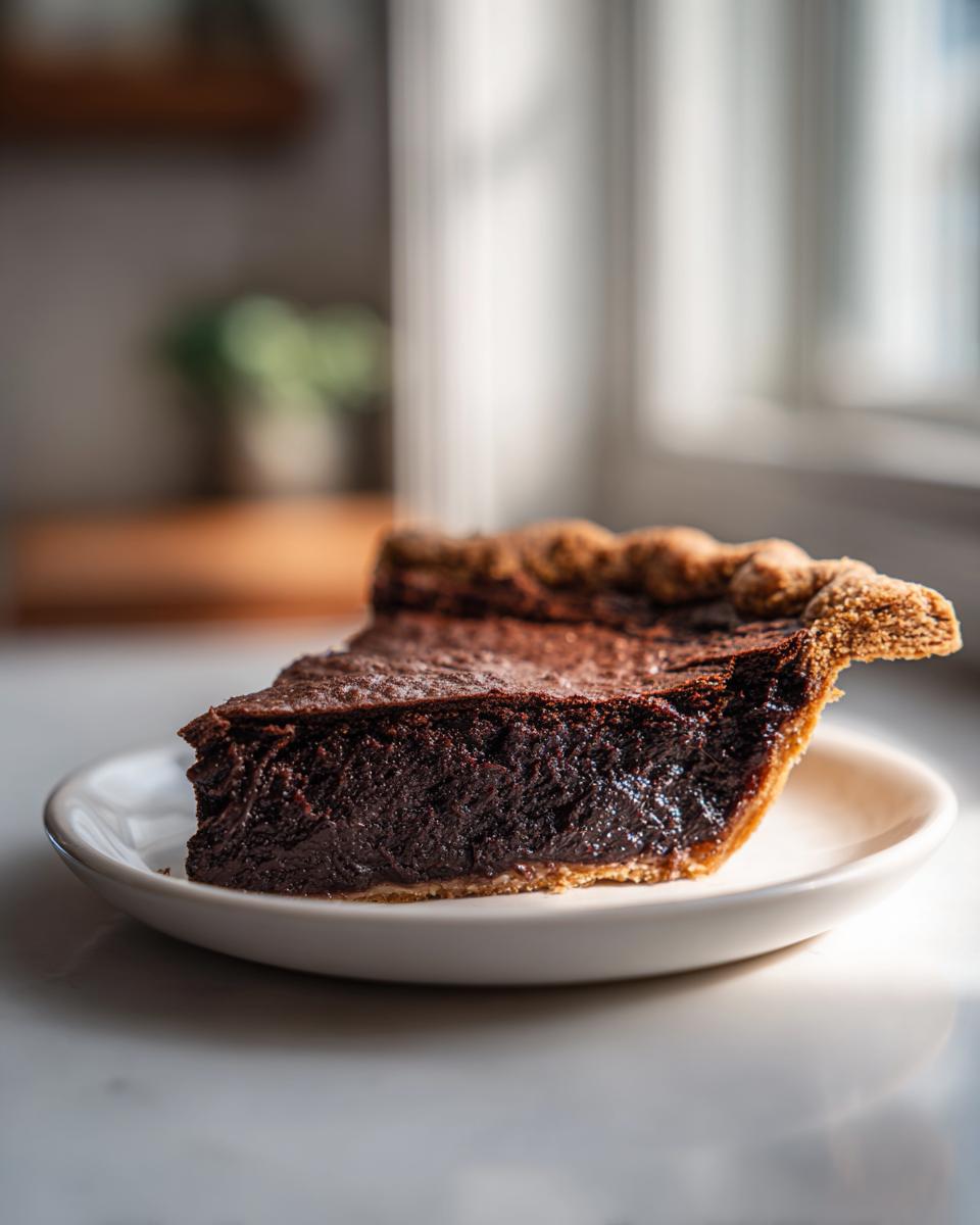 A close-up of a decadent slice of dark chocolate fudge pie resting on a small white plate.