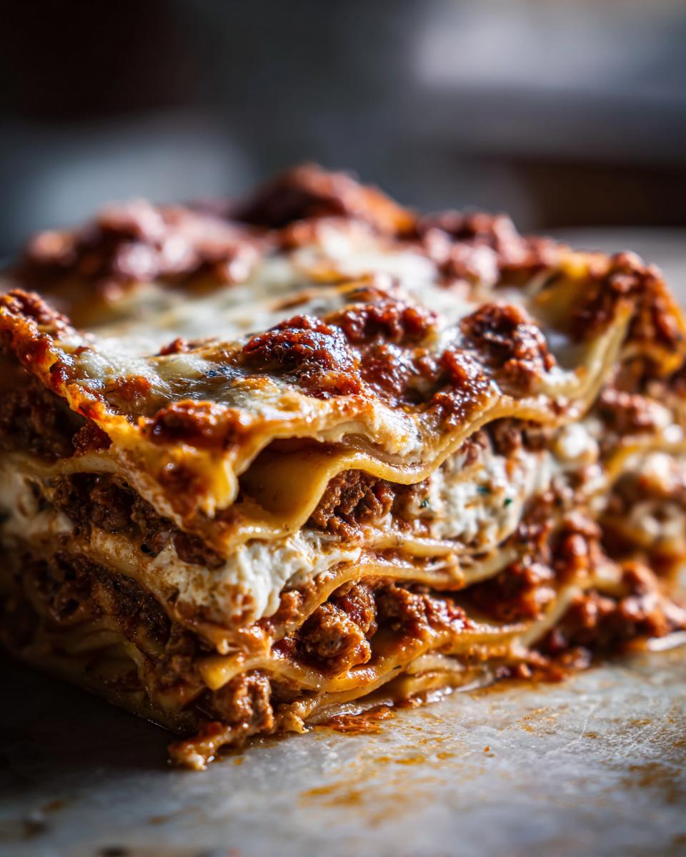 A rich, layered slice of homemade lasagna showing pasta, meat sauce, and creamy cheese filling.