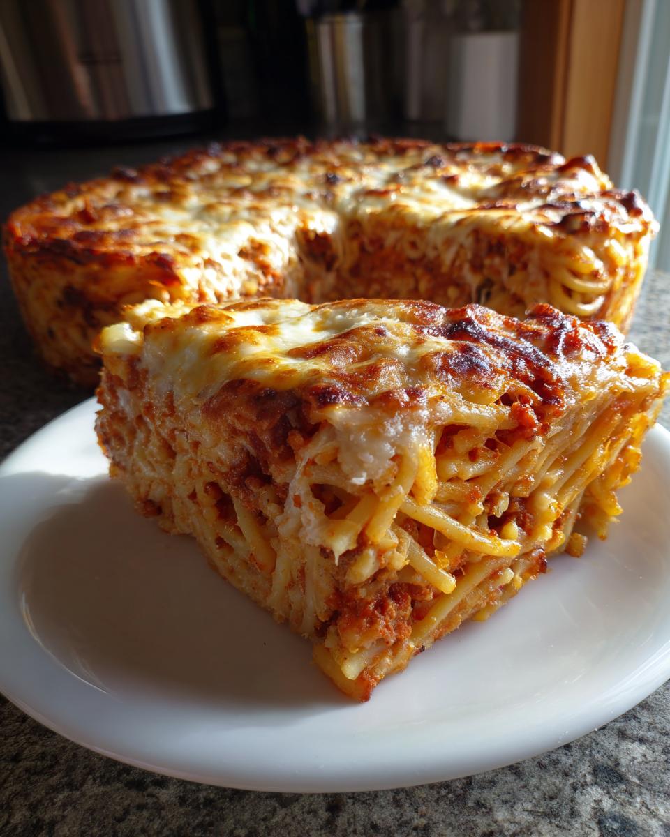 A thick slice of baked spaghetti pie with meat sauce and melted, browned cheese topping on a white plate.