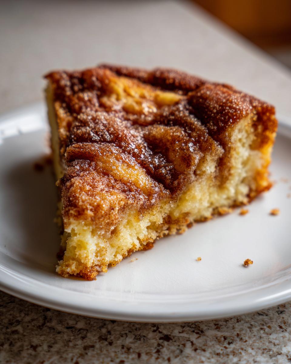 A close-up of a triangular slice of moist snickerdoodle cobbler topped with cinnamon sugar.