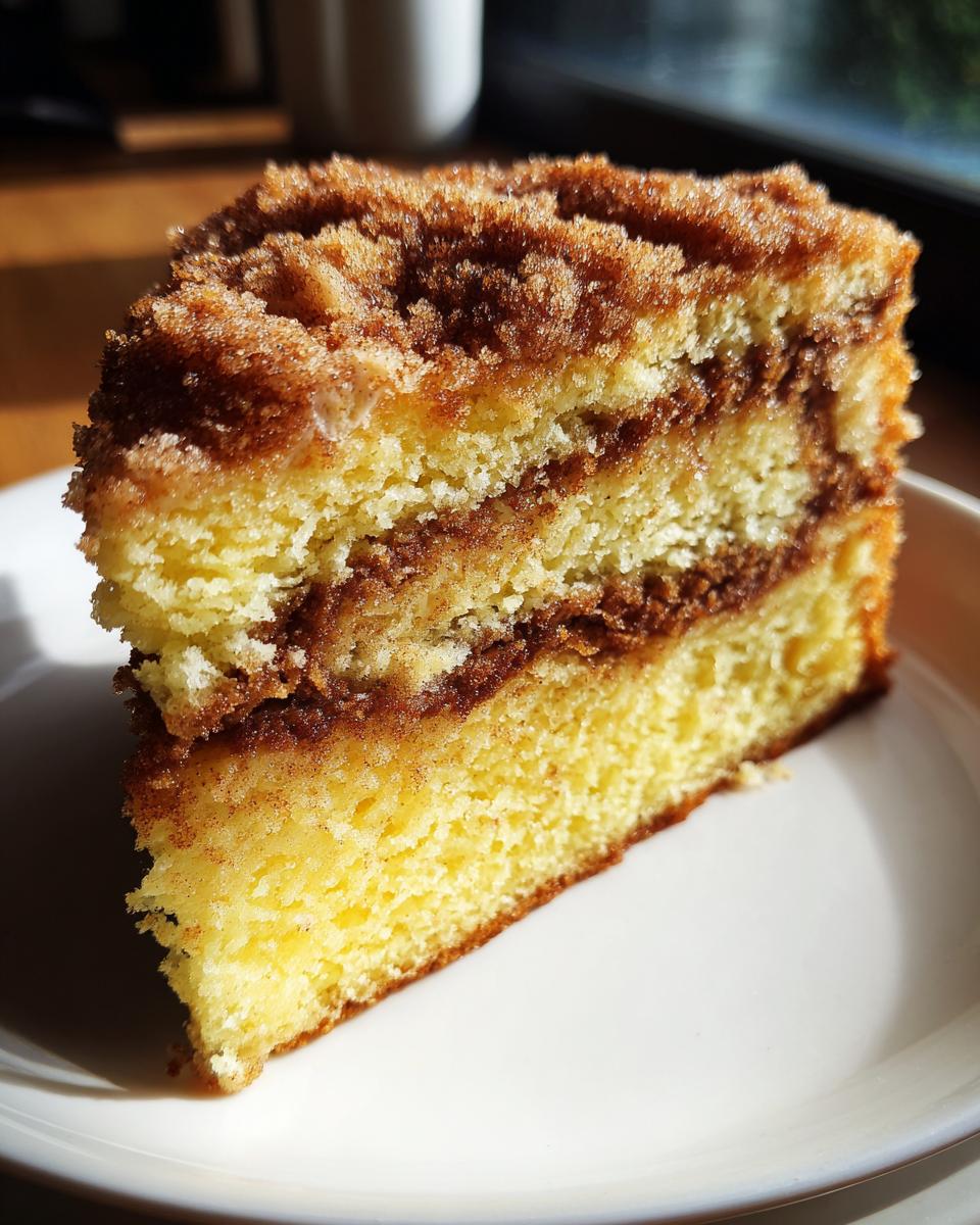 A thick slice of moist sour cream coffee cake featuring layers of yellow cake and cinnamon filling, topped with brown streusel.