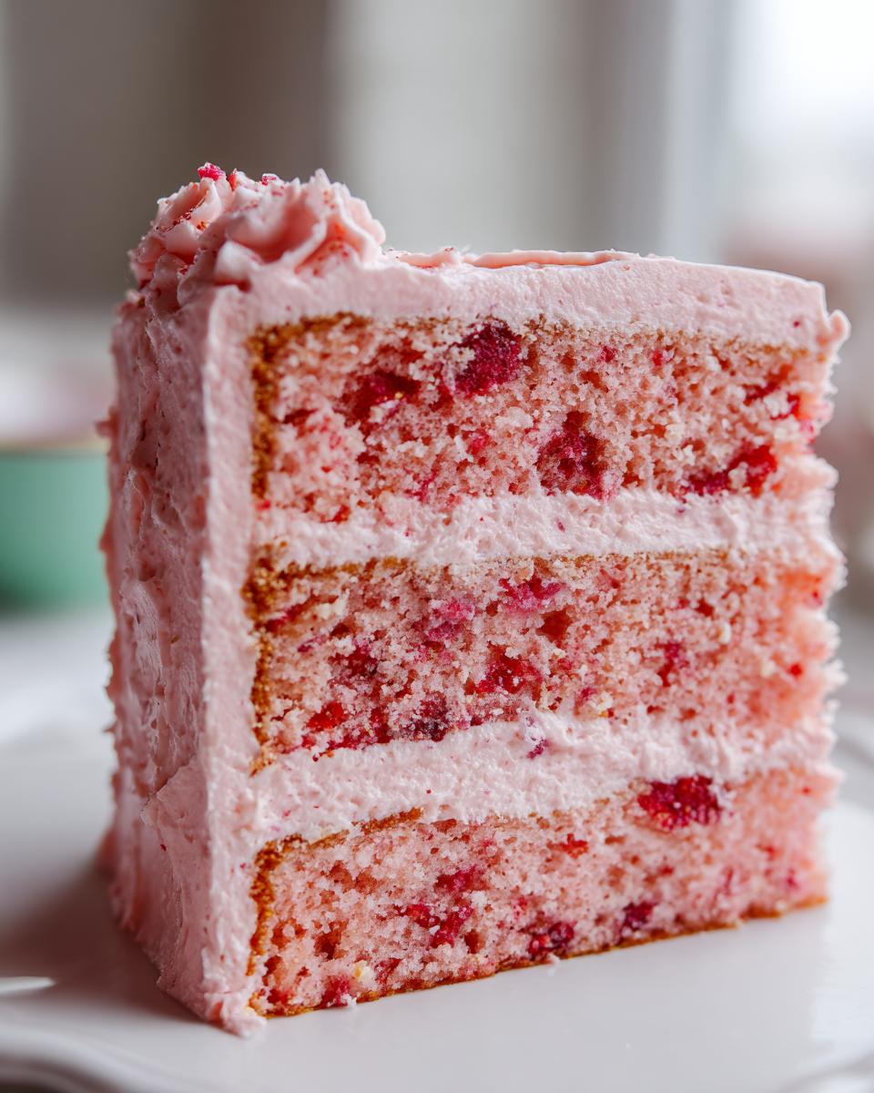 Close-up of a moist slice of three-layer strawberry cake with visible fruit pieces and pink buttercream.