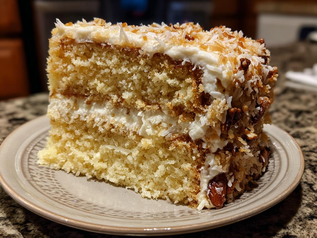 Close-up of a moist slice of white German chocolate cake layered with cream and topped with toasted coconut and pecans.