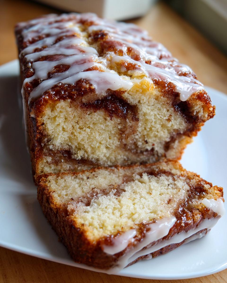 A close-up of sliced apple bread featuring a cinnamon swirl center and drizzled with white icing.