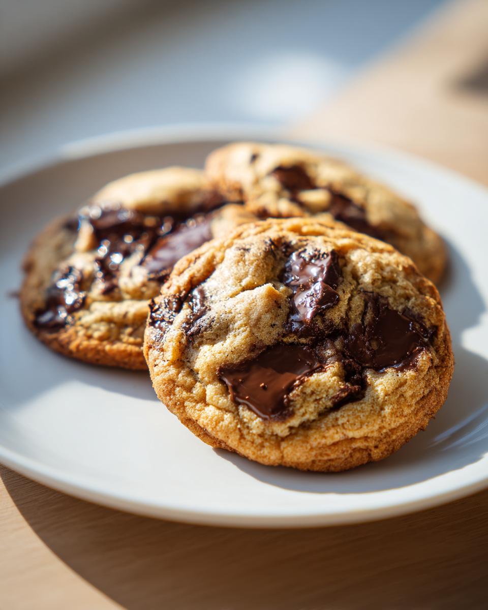 Three freshly baked small batch chocolate chip cookies with melted chocolate chunks on a white plate.