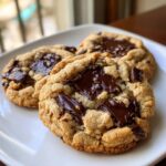 Three freshly baked small batch chocolate chip cookies with gooey, melted chocolate chunks on a white plate.