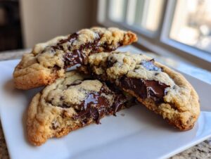 Close-up of two halves of small batch chocolate chip cookies showing gooey, melted chocolate centers on a white plate.