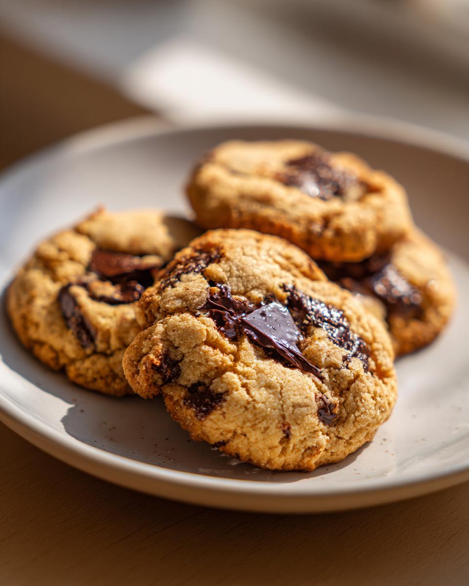 A close-up of four gooey small batch chocolate chip cookies piled on a light plate.