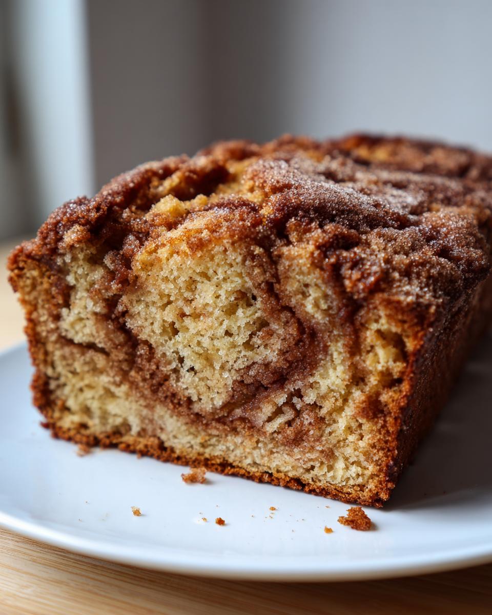 A close-up of a freshly baked snickerdoodle banana bread loaf with a cinnamon swirl and sugary topping.