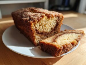 A loaf of snickerdoodle banana bread, partially sliced, showing a rich cinnamon swirl inside.