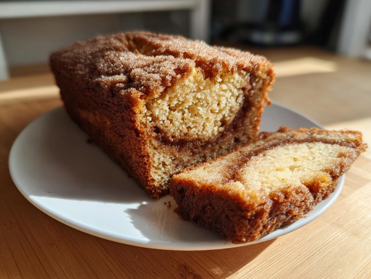 A loaf of snickerdoodle banana bread, partially sliced, showing a rich cinnamon swirl inside.