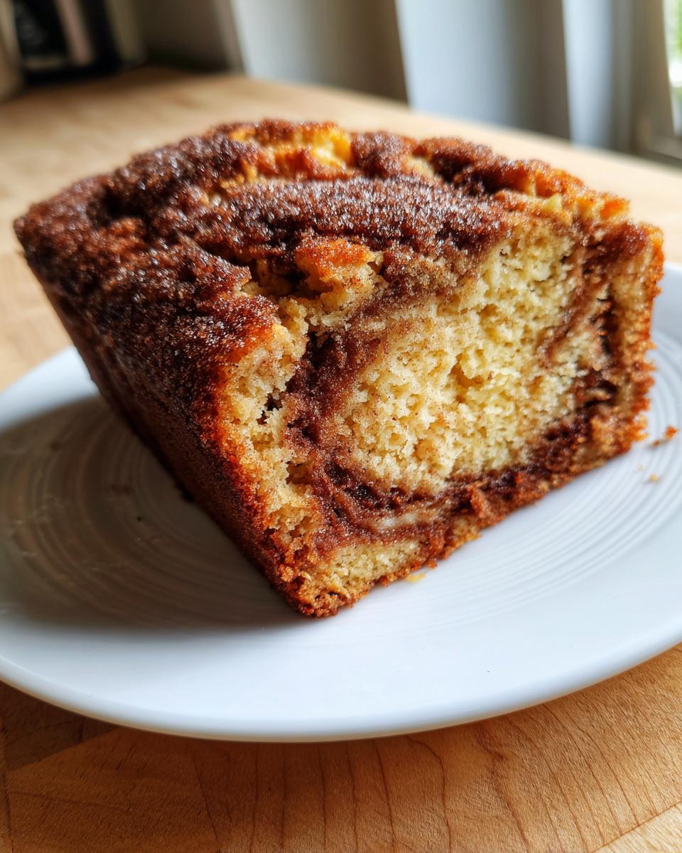A close-up of a thick slice of snickerdoodle banana bread showing a moist crumb and a rich cinnamon swirl topping.