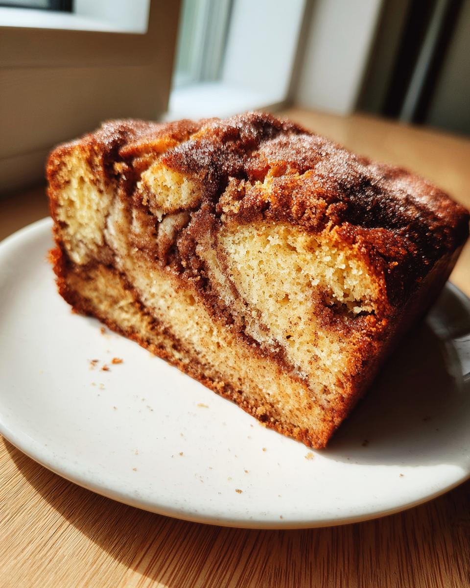 A close-up of a moist slice of snickerdoodle banana bread featuring a prominent cinnamon swirl topping.