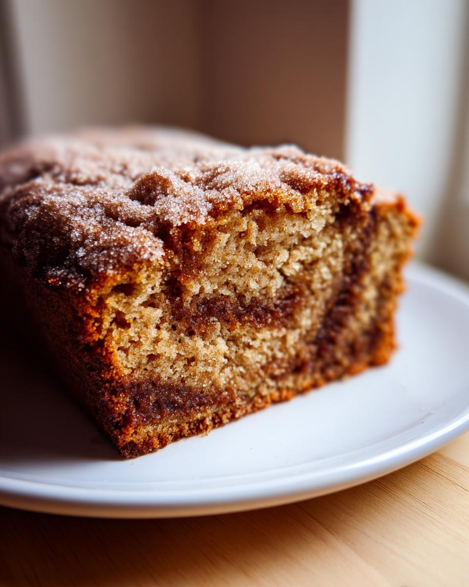 Close-up of a moist slice of snickerdoodle banana bread featuring a visible cinnamon swirl and sugary topping.