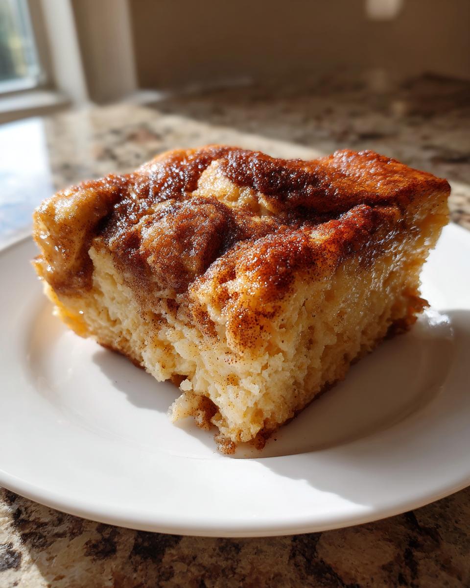 A square slice of moist snickerdoodle cobbler with a rich cinnamon-sugar topping on a white plate.