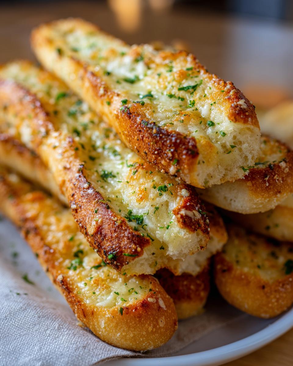 A close-up stack of golden brown, cheesy garlic breadsticks topped with fresh parsley.