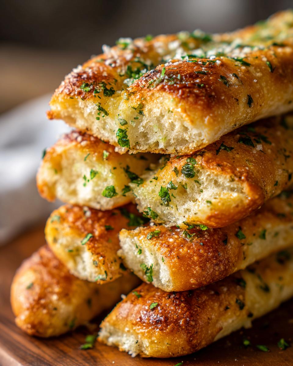 A close-up stack of soft, golden brown breadsticks topped with garlic butter, Parmesan, and fresh parsley.