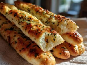 A close-up stack of soft, golden-brown breadsticks topped with melted butter and fresh green herbs.