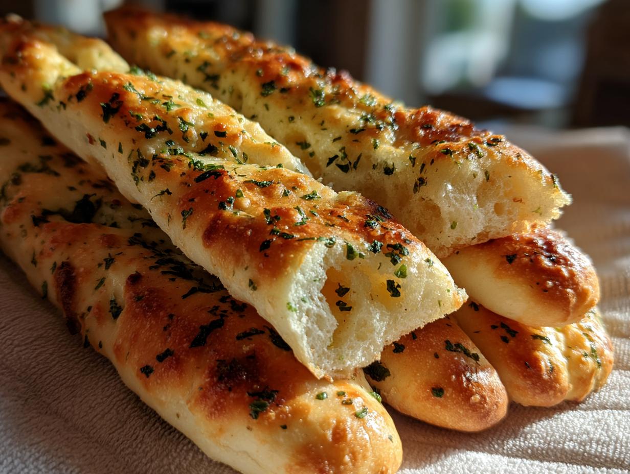 A close-up stack of soft, golden-brown breadsticks topped with melted butter and fresh green herbs.
