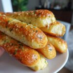 A stack of soft, golden-brown garlic parmesan breadsticks topped with melted cheese and parsley.