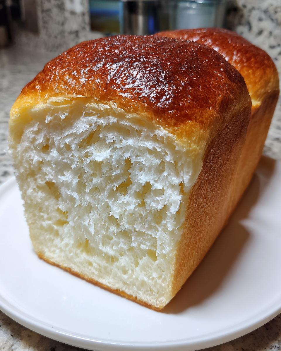 Close-up of a freshly baked Japanese milk bread loaf, showing its incredibly soft, fluffy white interior and shiny golden-brown crust.