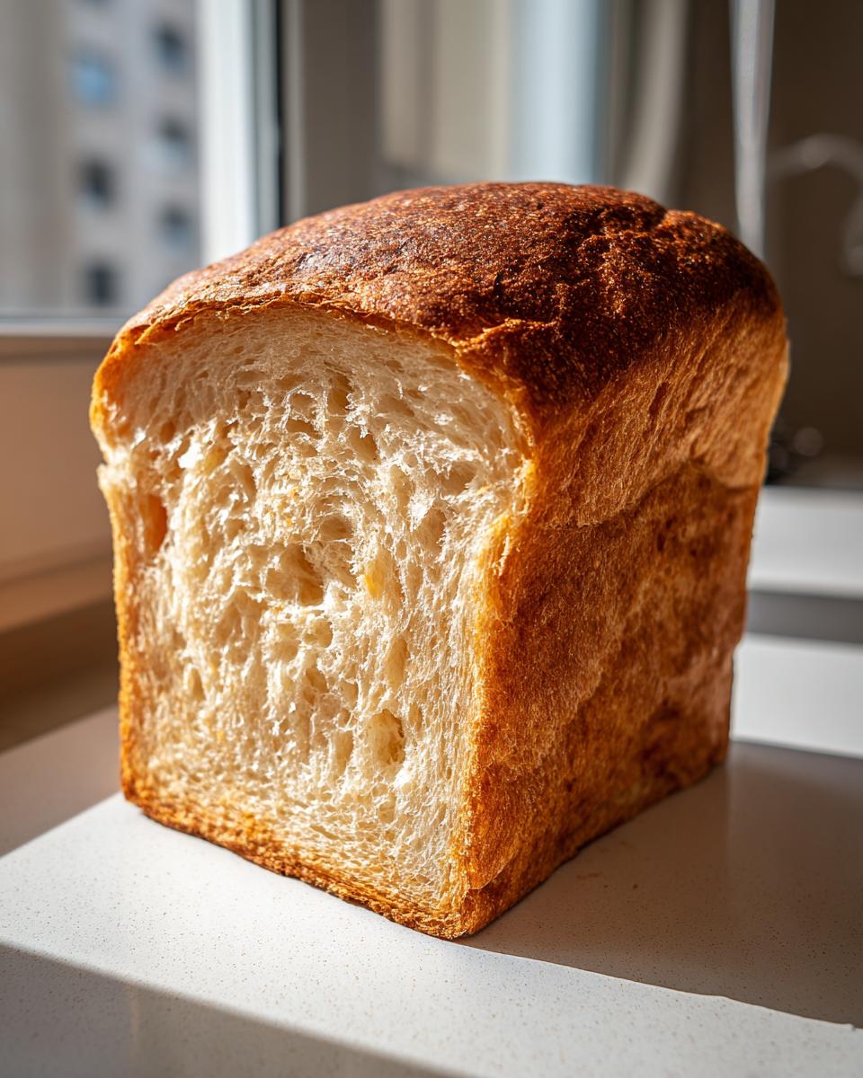 A freshly baked loaf of sourdough sandwich bread, cut to show the soft, fluffy interior crumb.