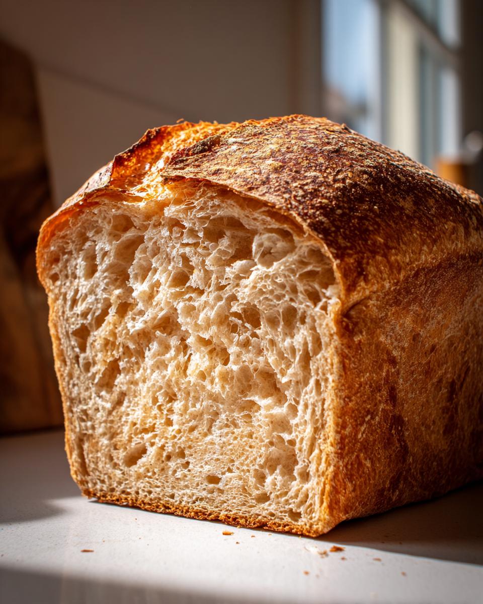 Close-up of the soft, open crumb structure of freshly baked sourdough sandwich bread.