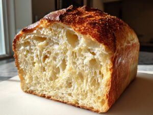 Cross-section view showing the soft, airy crumb structure of the finished sourdough sandwich bread.