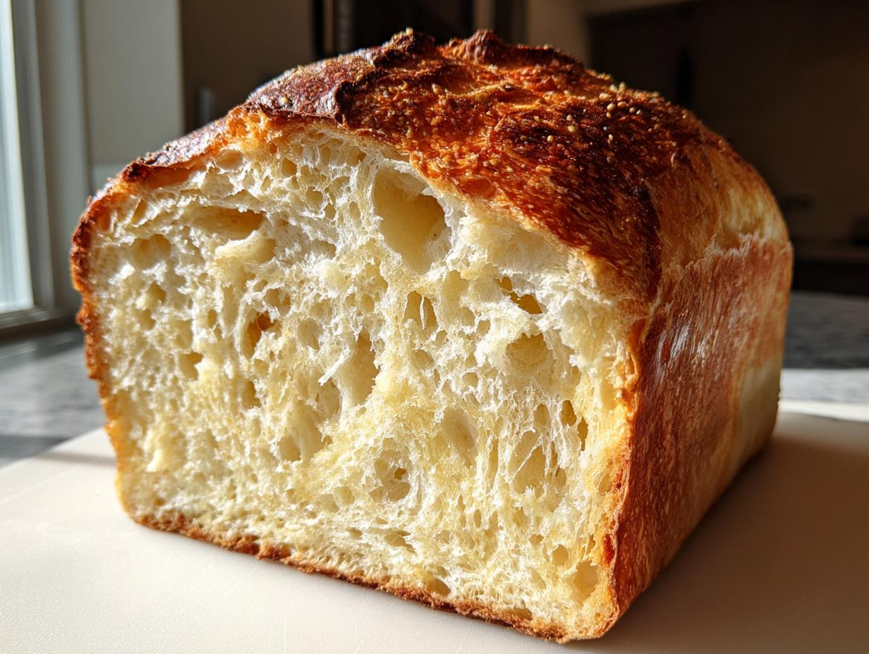 Cross-section view showing the soft, airy crumb structure of the finished sourdough sandwich bread.