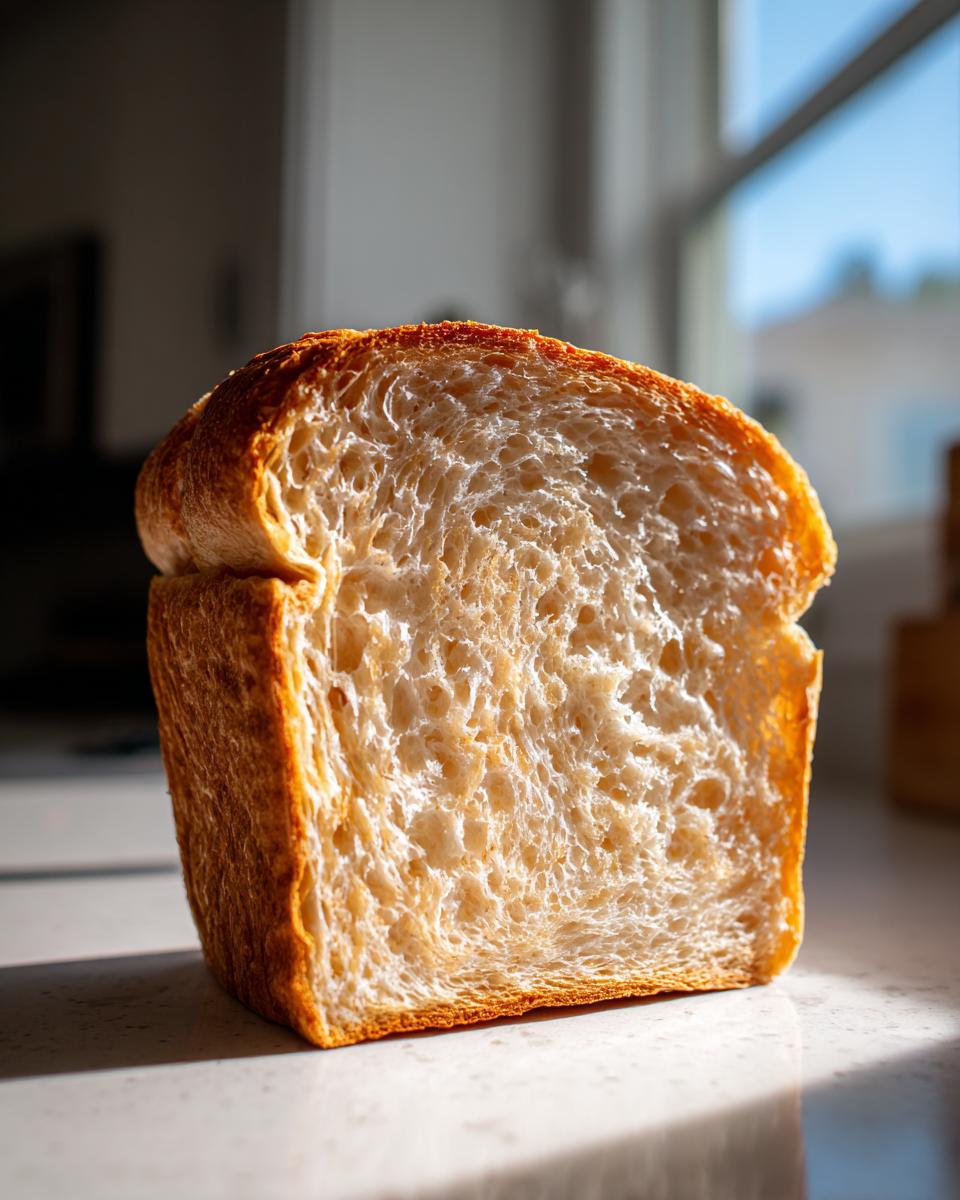 A close-up vertical slice showcasing the soft, airy crumb structure of homemade sourdough sandwich bread.