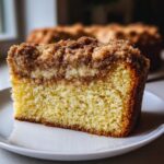 Close-up of a moist slice of sour cream coffee cake showing the yellow cake base, cream cheese swirl, and thick cinnamon streusel topping.