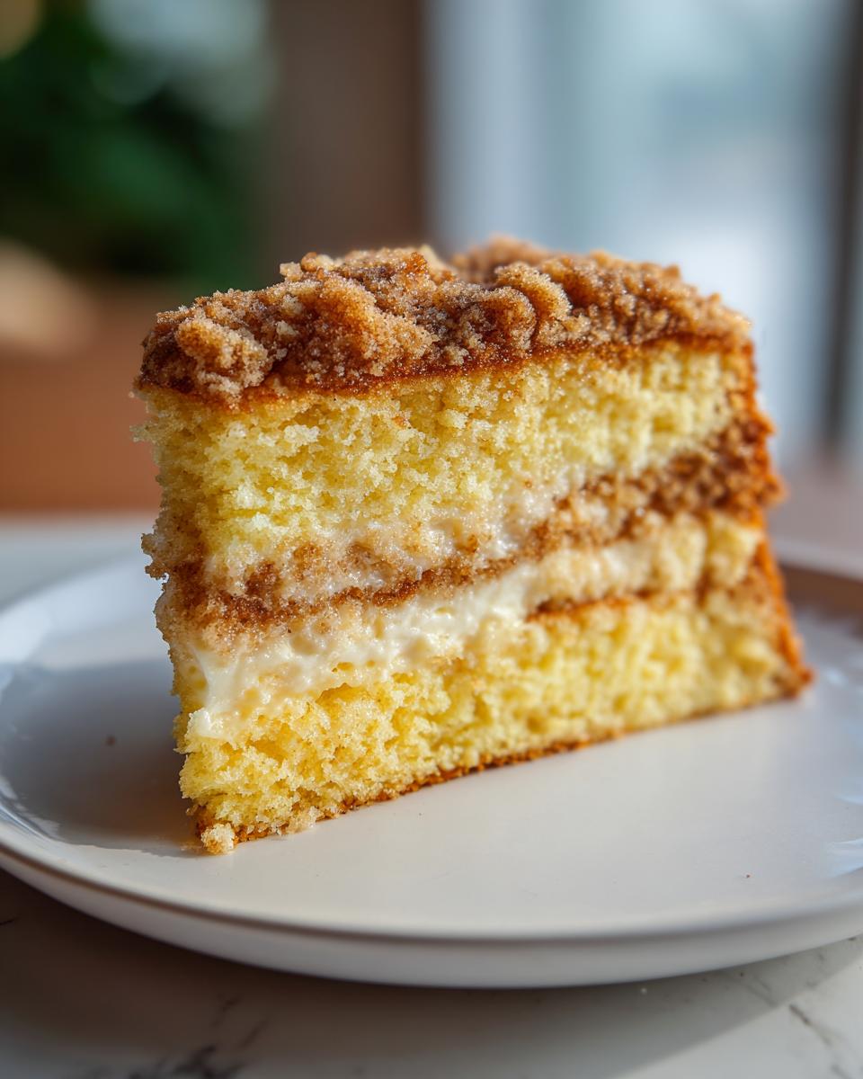 A tall slice of sour cream coffee cake showing layers of yellow cake, cinnamon swirl, cream cheese filling, and a thick brown sugar crumb topping.