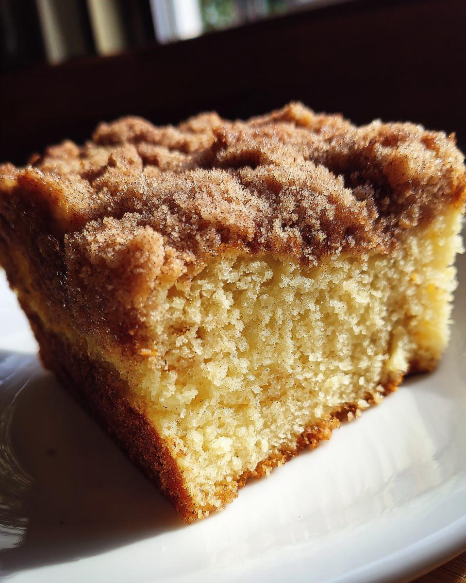 Close-up of a moist slice of sour cream coffee cake topped with thick cinnamon streusel, highlighted by sunlight.