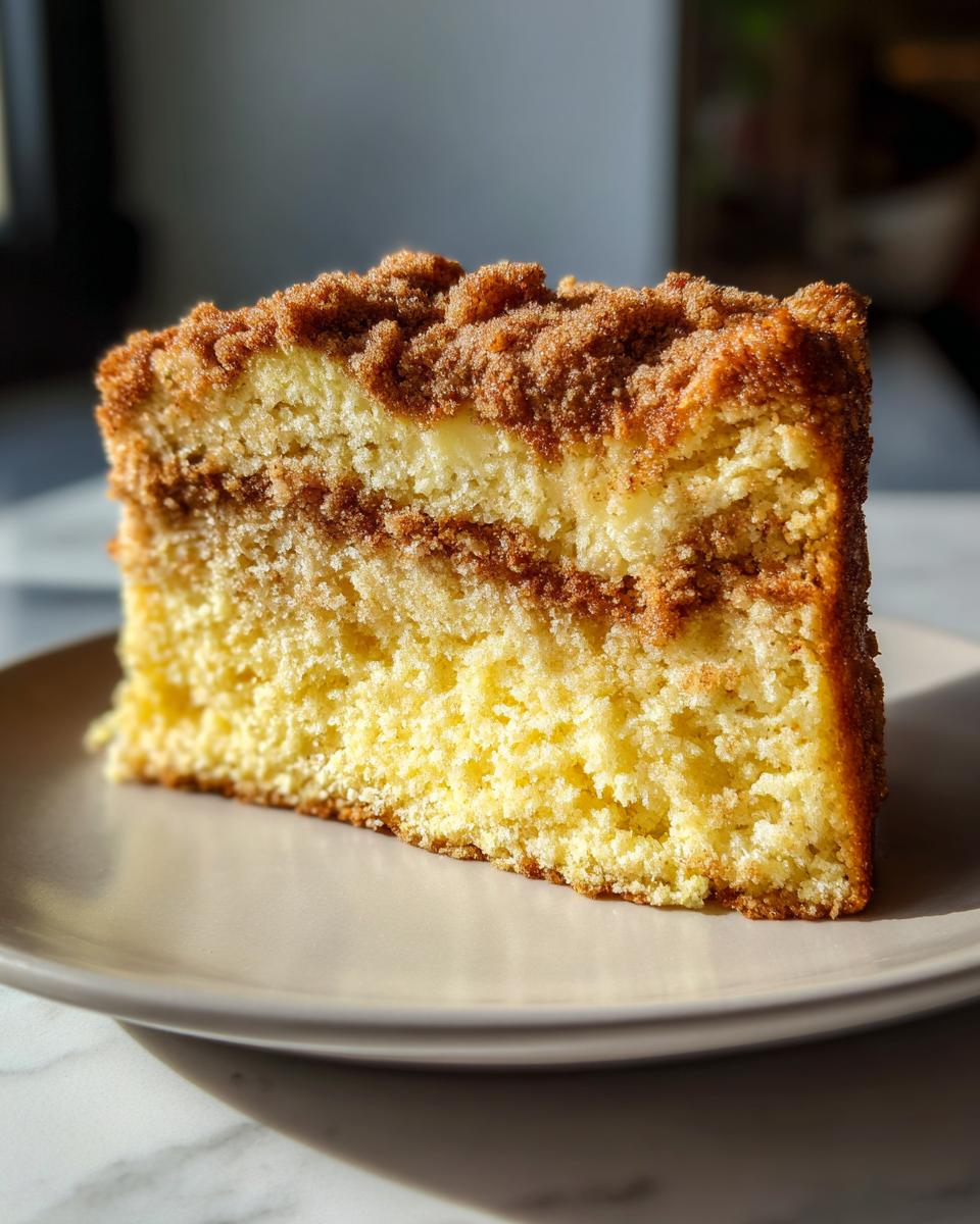 A moist, thick slice of sour cream coffee cake featuring a yellow crumb, cinnamon swirl, and thick brown streusel topping.