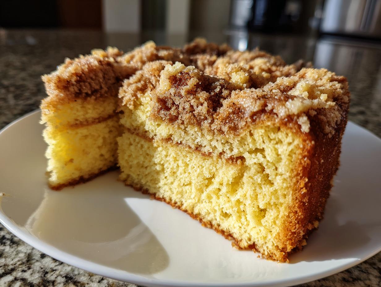Close-up of a thick slice of moist sour cream coffee cake featuring a rich cinnamon streusel topping.